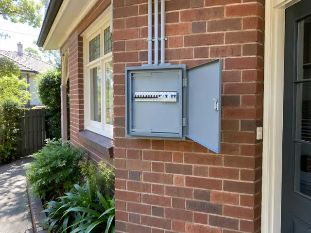 Open exterior switchboard on a brick house wall beside a window in Artarmon